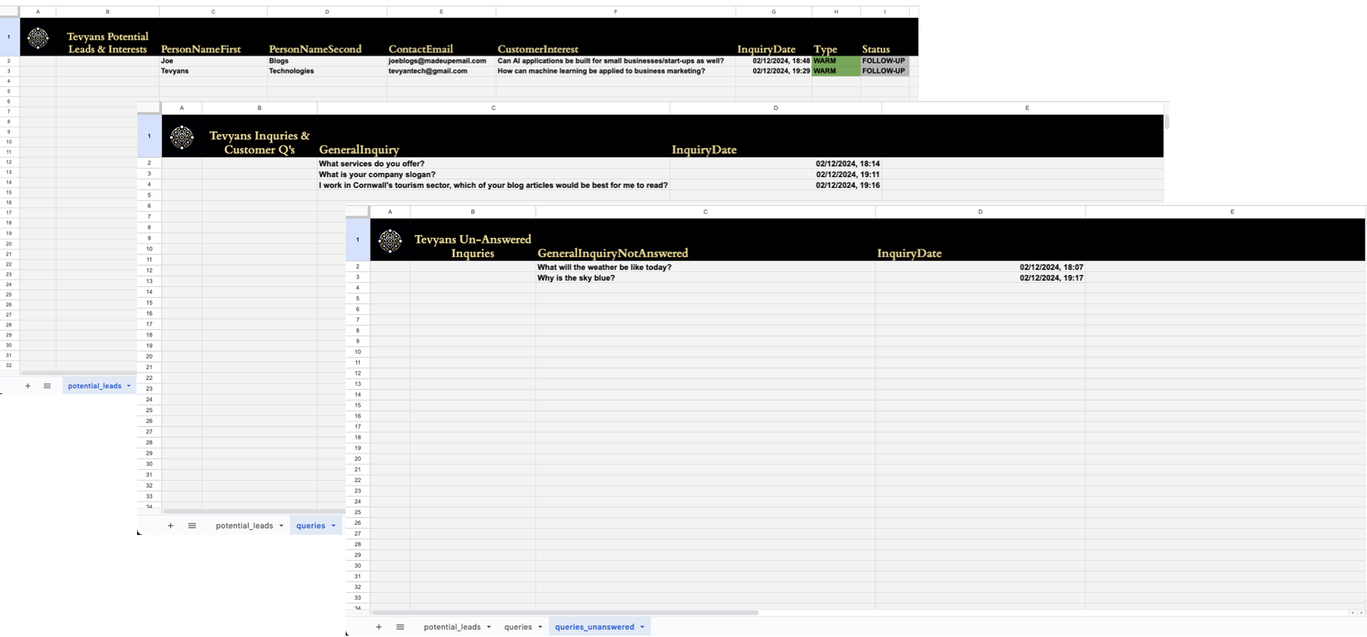 Our in-house lead capture CRM & inquries worksheet automated by TevyansAI 🤖